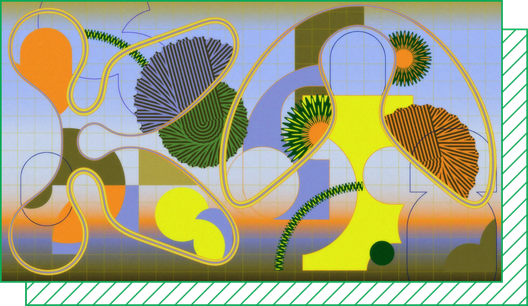 An abstract illustration shows biomorphic shapes overlapping on a gradient, gridded background of blue, orange, and tan.