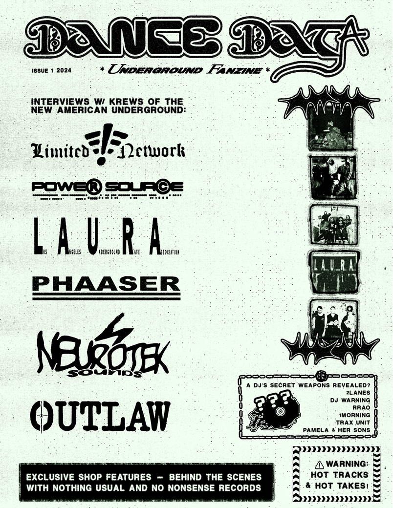 Cover image with names of different party crews written in '90s-inspired type