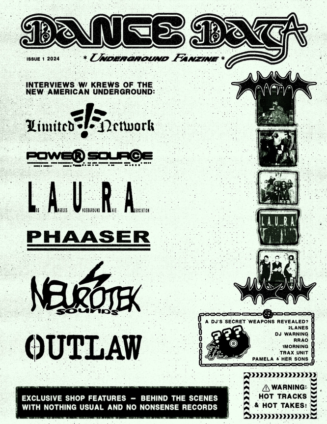 The cover of Dance Data lists the names of American party krews in '90s-style typography