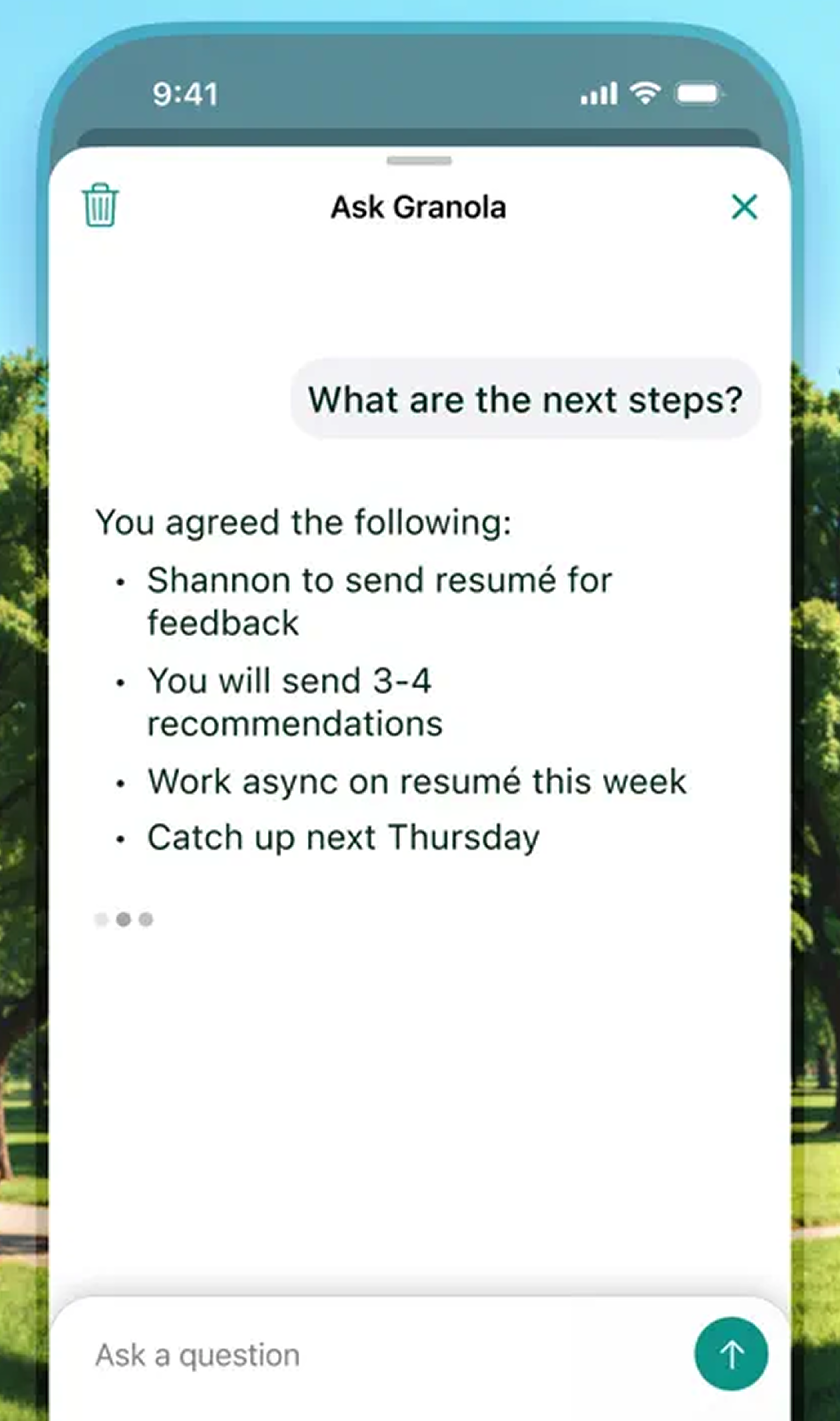 Screen showing agreed next steps after asking about follow-up actions.