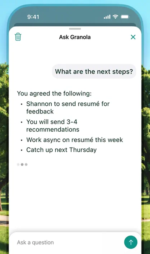 Screen showing agreed next steps after asking about follow-up actions.