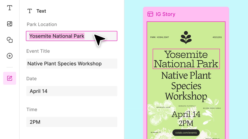 A screenshot shows the text input fields for an Instagram Story asset promoting a Native Plant Species Workshop at Yosemite National Park