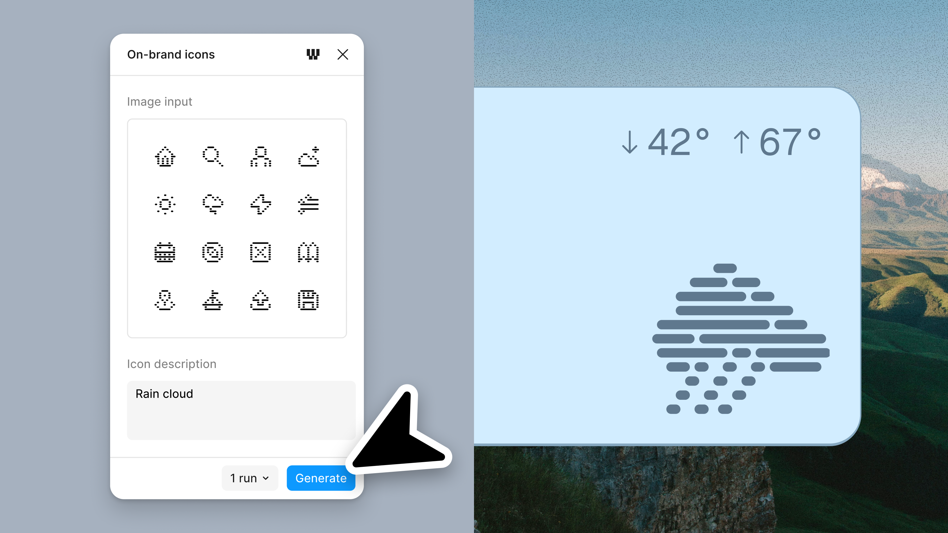 A side-by-side product graphic illustrating AI-generated brand assets. On the left, a modal titled "On-brand icons" displays a grid of minimalist weather-themed icons and the prompt "Rain cloud." A cursor points to the "Generate" button. On the right, a weather card interface shows a newly generated rain cloud icon styled to match the provided icon set, alongside temperature information and a landscape background.