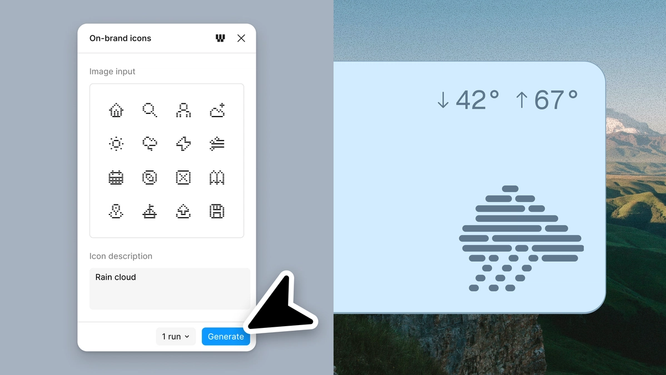 A side-by-side product graphic illustrating AI-generated brand assets. On the left, a modal titled "On-brand icons" displays a grid of minimalist weather-themed icons and the prompt "Rain cloud." A cursor points to the "Generate" button. On the right, a weather card interface shows a newly generated rain cloud icon styled to match the provided icon set, alongside temperature information and a landscape background.