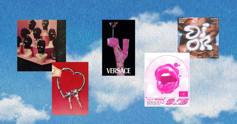 A collage of images over a cloud background shows black balaclavas, silver jewelry, pink Versace platform heels, and glossy magazine imagery.