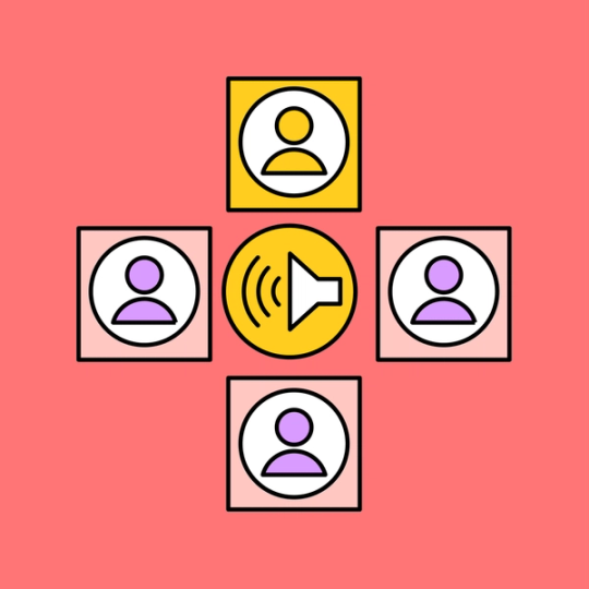 four human icons in a circular pattern with a megaphone emoji in the middle
