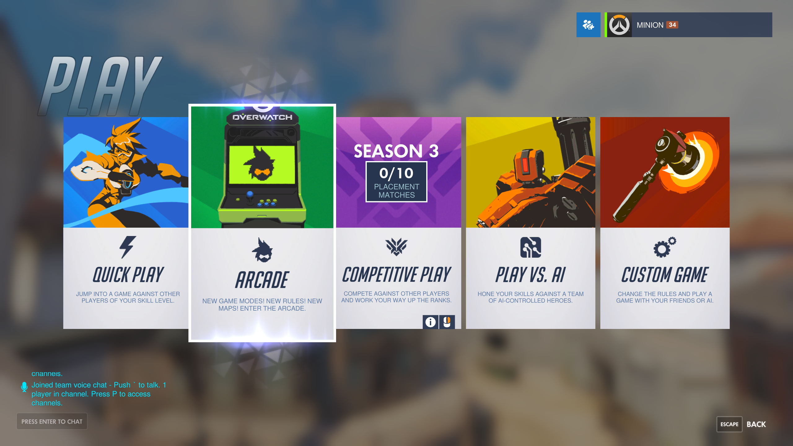 Overwatch play menu showing Quick Play, Arcade, Competitive, Play vs. AI, and Custom Game options. Arcade mode is selected.