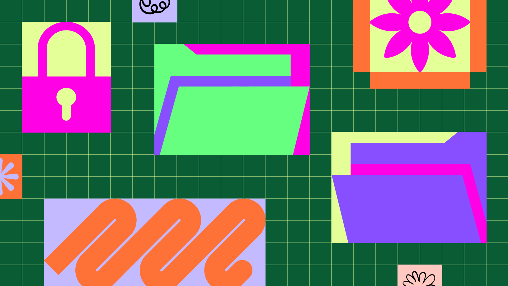 A colorful graphic featuring stylized folders, a padlock, and decorative shapes arranged on a green grid background.