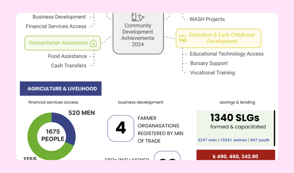 An infographic representing a year in review for Find Your Feet, an organization that helps rural families in Asia and Africa