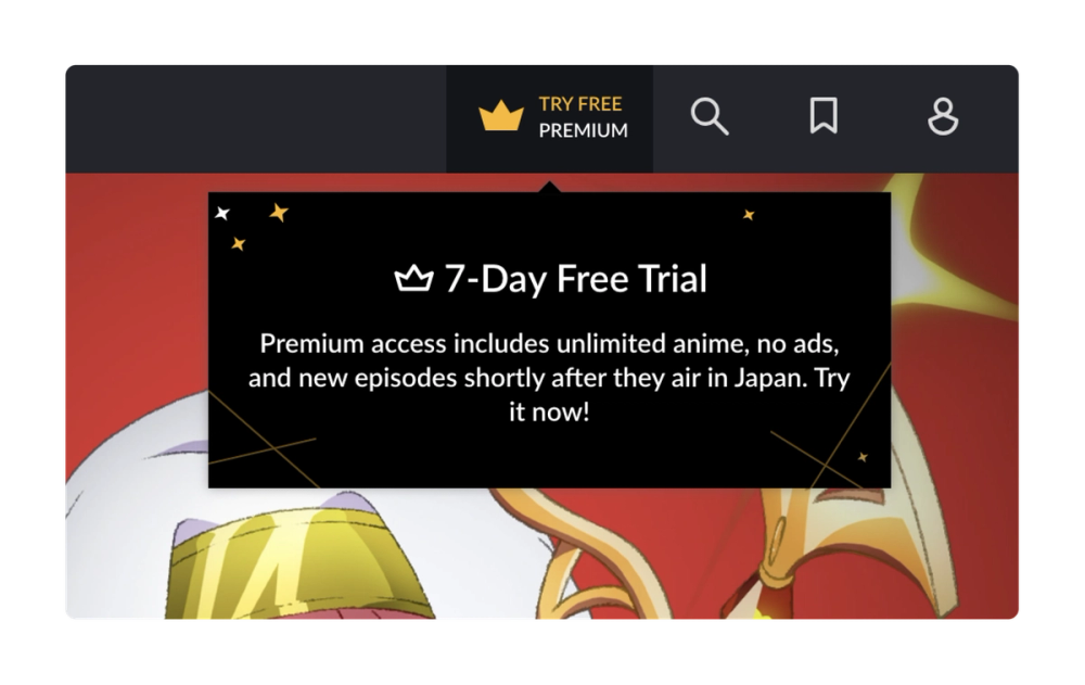 Sample Crunchyroll CTA including their 7-Day Free Trial offer.