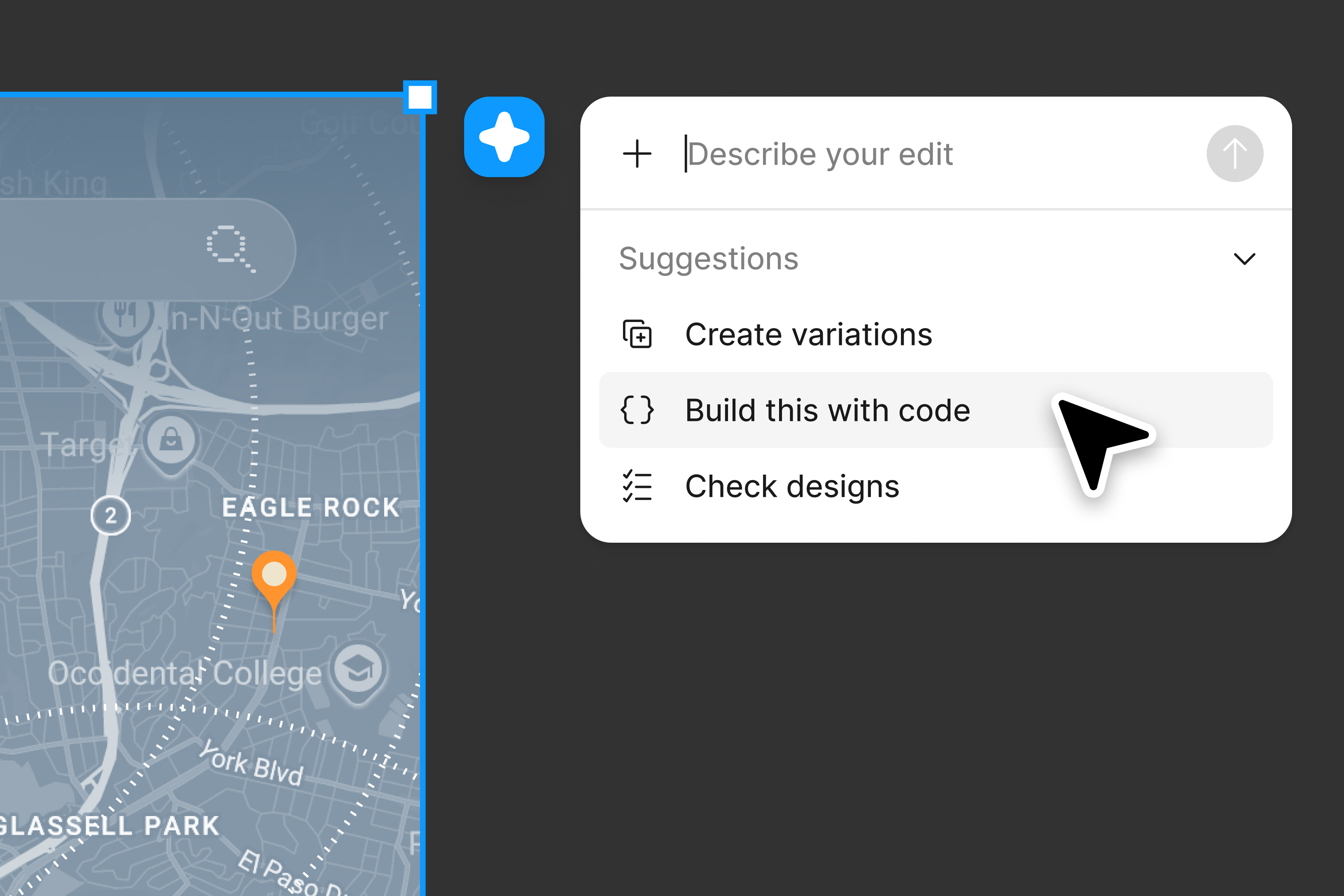 A map design with a location pin, beside a menu showing "Build this with code" highlighted.