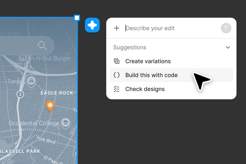A map design with a location pin, beside a menu showing "Build this with code" highlighted.