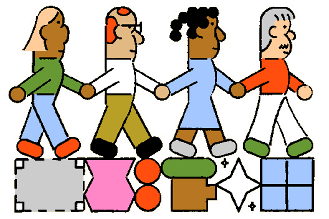 An illustration showing a line of people holding hands and walking over shapes