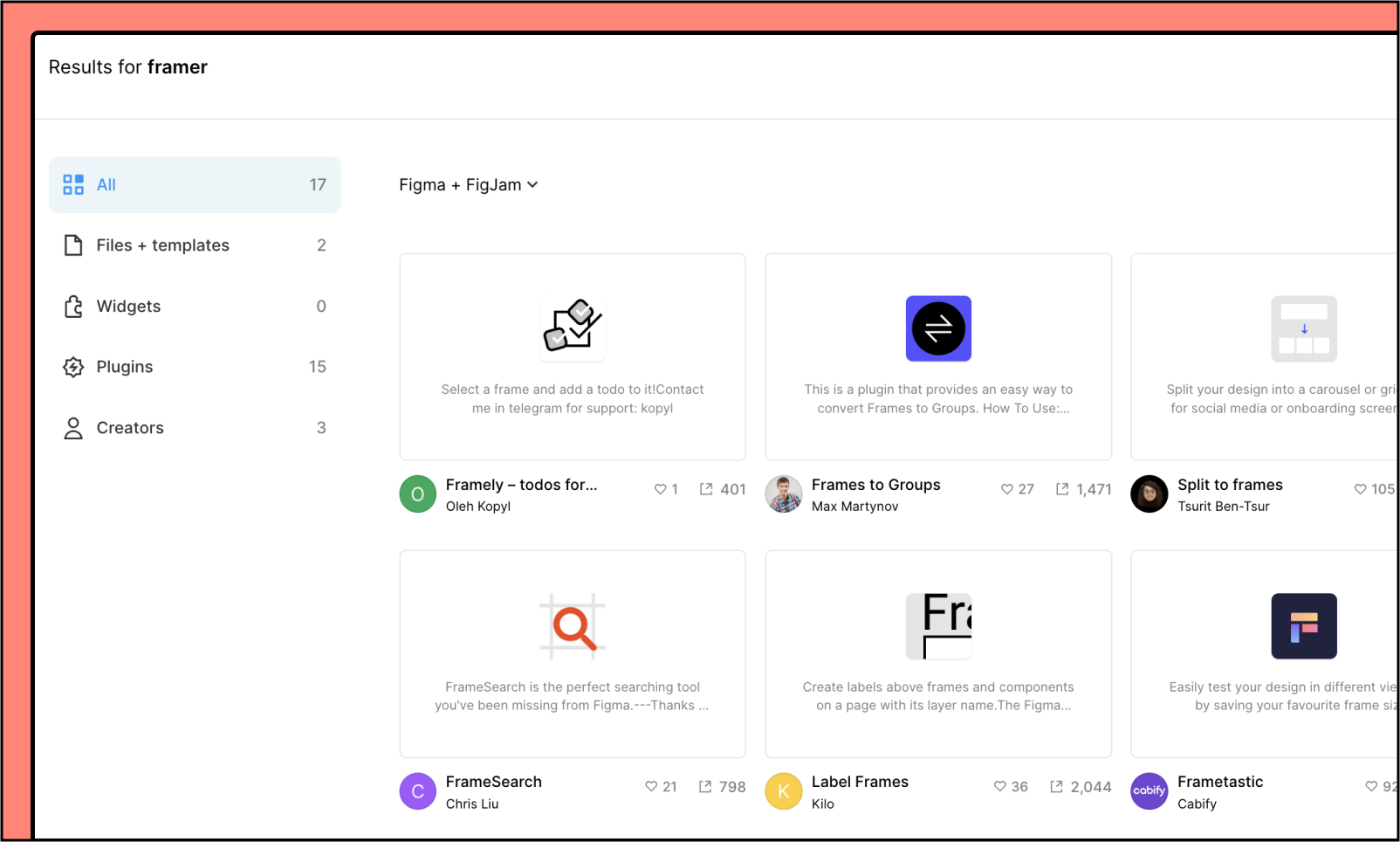 An image of the Figma Community showing search results for "Framer"
