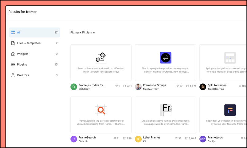 An image of the Figma Community showing search results for "Framer"