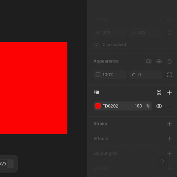 Figma design panel showing a solid red fill with hex code #FD0202 set to 100 percent opacity.