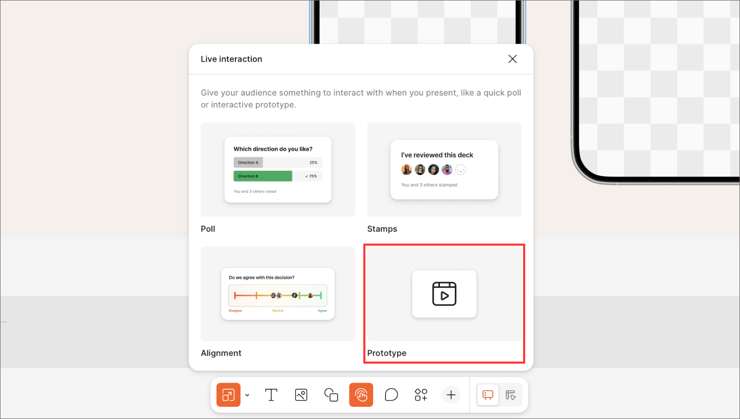 A presentation deck in Figma Slides with the "Prototype" embedding option highlighted, demonstrating how to include a clickable Figma Make prototype directly into a slide for stakeholder alignment.