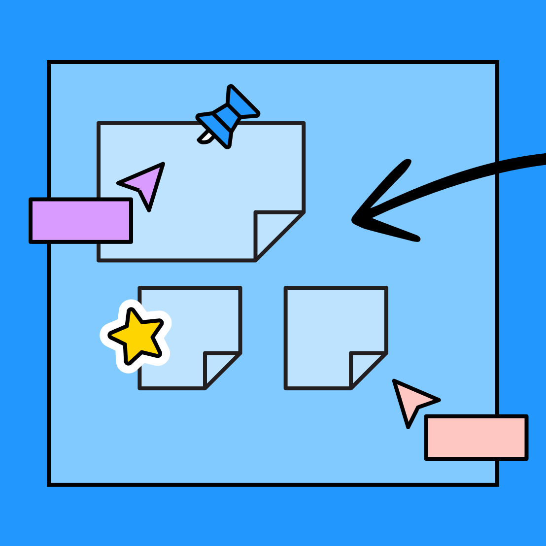 three blue sticky notes and arrows overlayed on top of a document