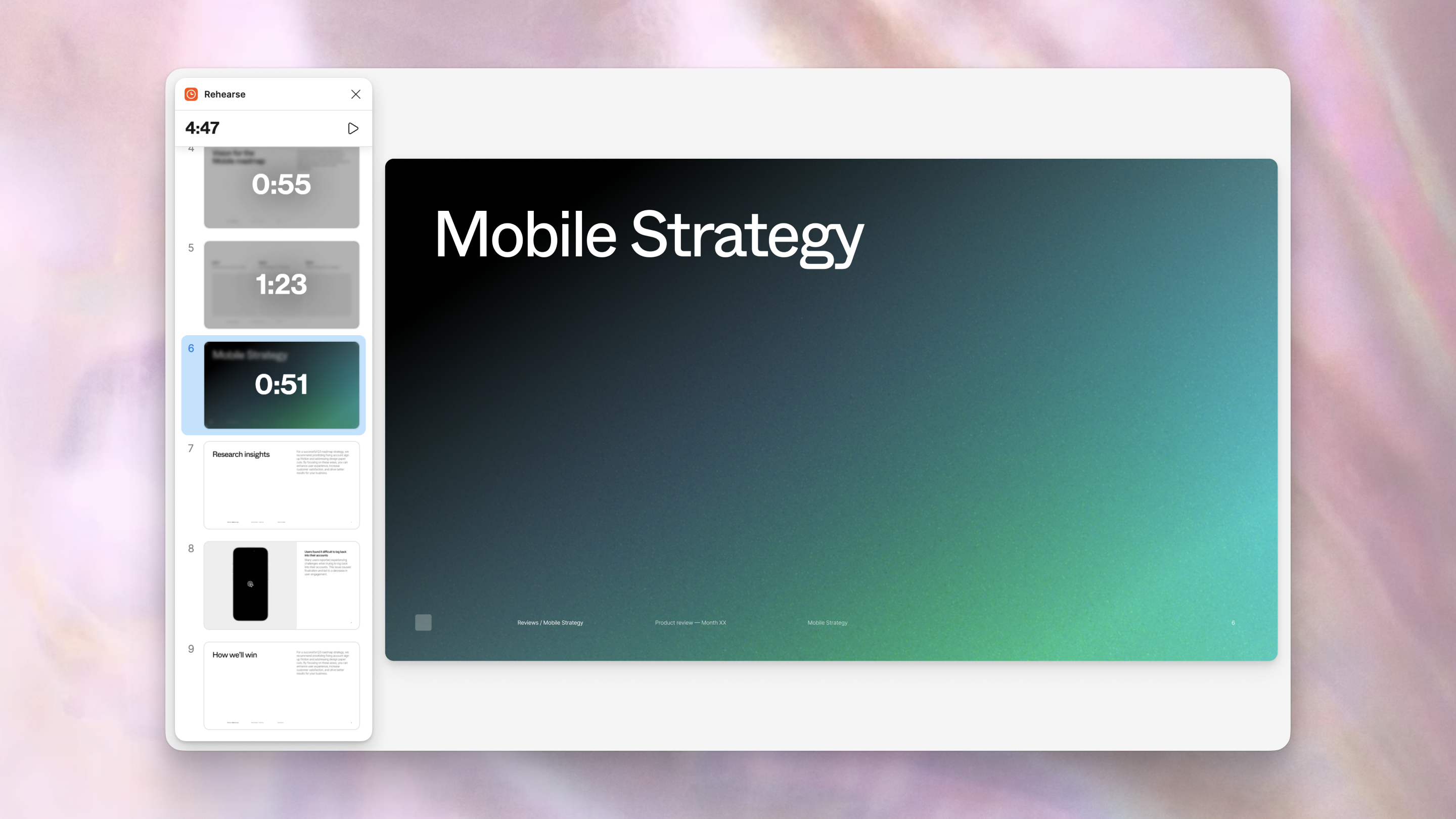 A screenshot shows timestamps on past slides