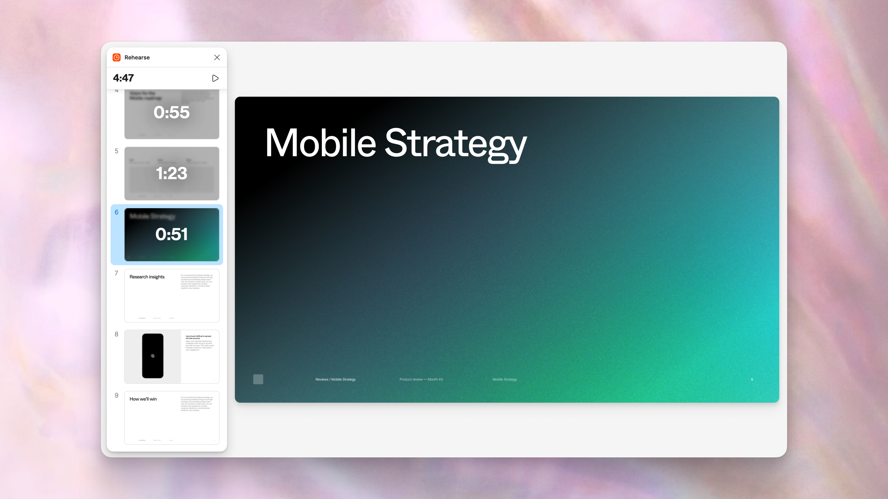 A screenshot shows timestamps on past slides