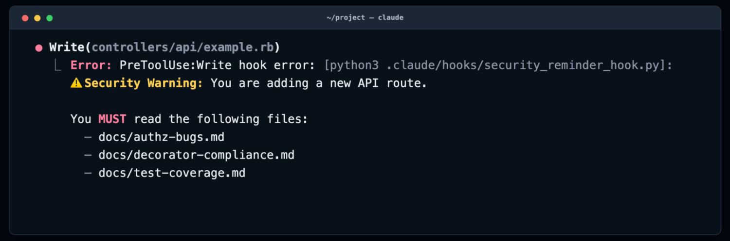 Terminal showing an AI coding assistant blocking a file write with a security warning that requires reading authentication, compliance, and test coverage documentation before adding a new API route.