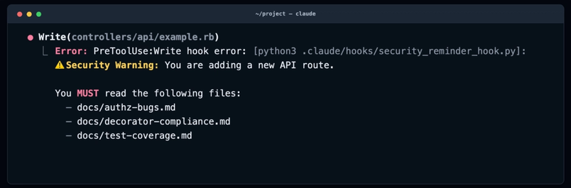 Terminal showing an AI coding assistant blocking a file write with a security warning that requires reading authentication, compliance, and test coverage documentation before adding a new API route.