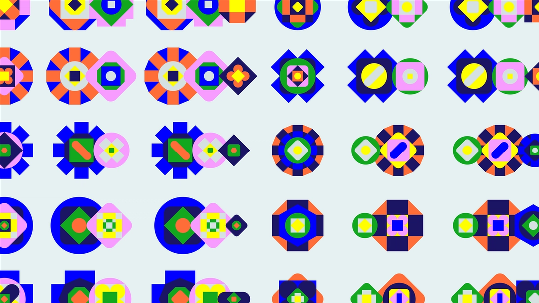 This image shows 30 different isolated shapes, comprised of various circles, diamonds, squares, and pill shapes. Shapes also have different colors, in either blue, green, orange, yellow, grey, pink, or navy.