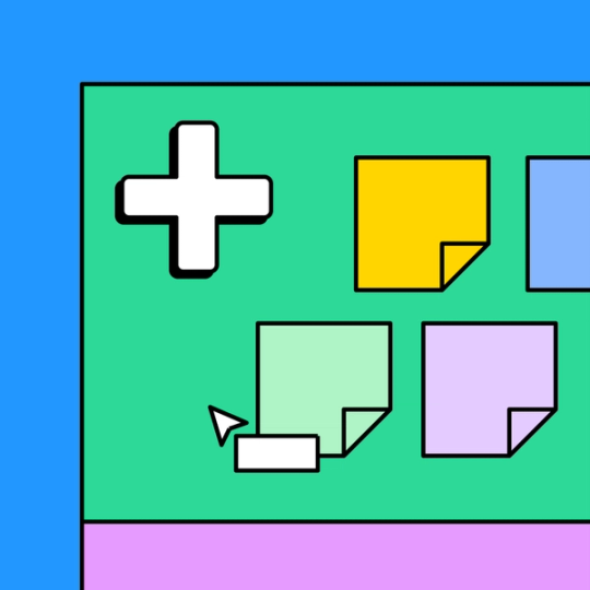 green rectangle with plus sign and four sticky notes