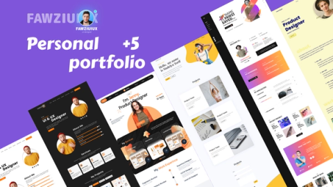 A collection of vibrant personal portfolio templates designed for UI and UX designers, displayed against a purple background.