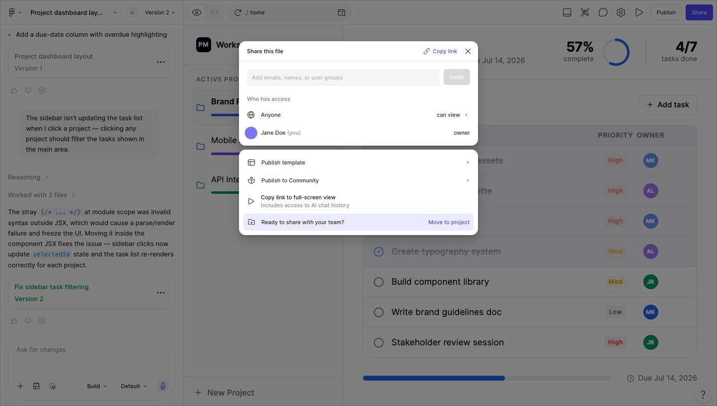 Figma Make share modal open with a prototype link ready to send to a stakeholder or teammate.
