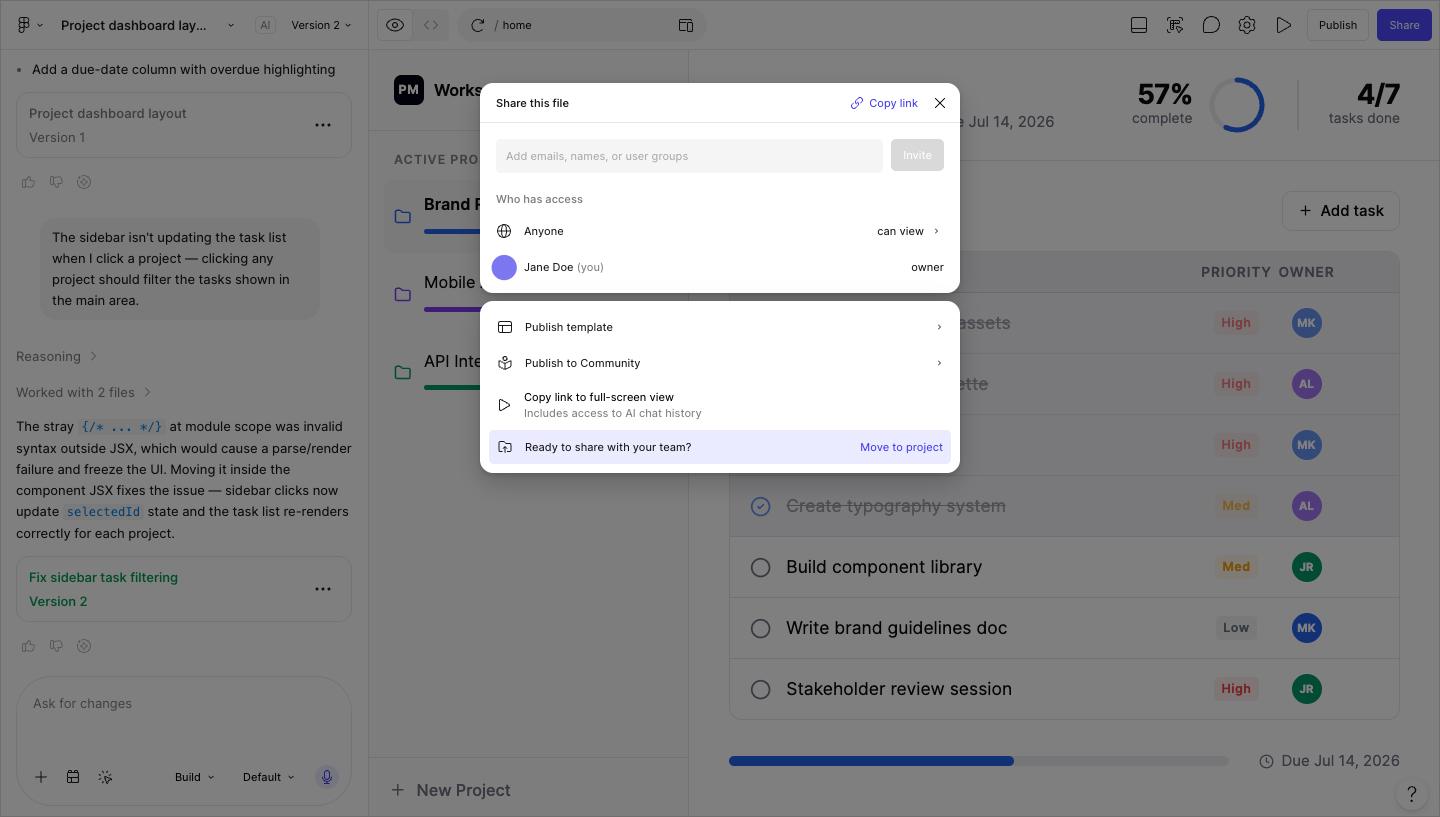 Figma Make share modal open with a prototype link ready to send to a stakeholder or teammate.
