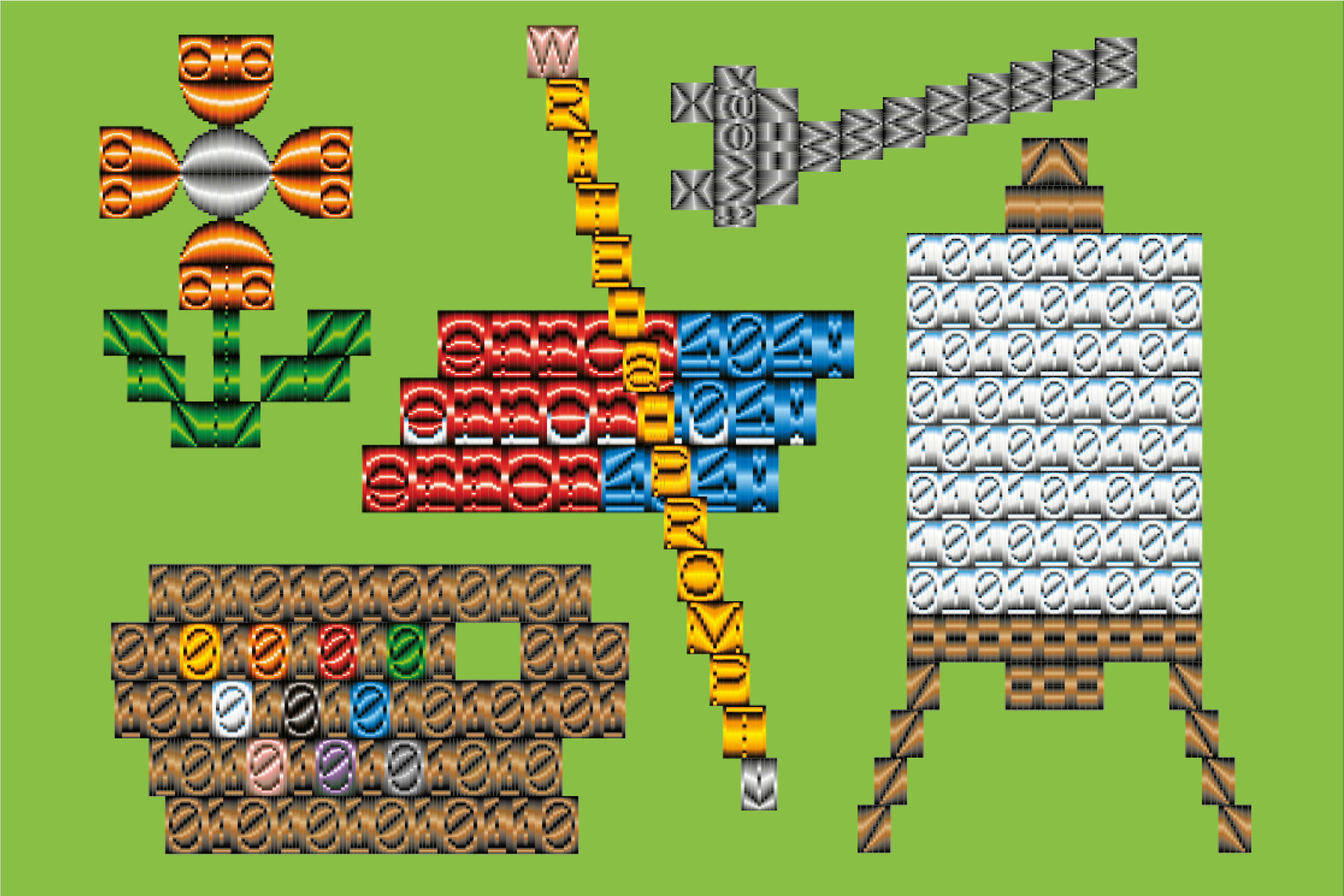 An illustration composed of various geometric symbols and icons arranged on a green background. The scene includes a flower made of orange and green elements on the left, a palette of colored circles representing paint below it, and an artist's easel on the right. The easel is made of silver and white symbols, with a brown and black base. In the center, there are red, blue, and yellow shapes forming a pattern that resembles an abstract flag or design, with a diagonal yellow line featuring letters running through it. The entire composition gives the impression of an artistic and creative workspace made of digital elements.