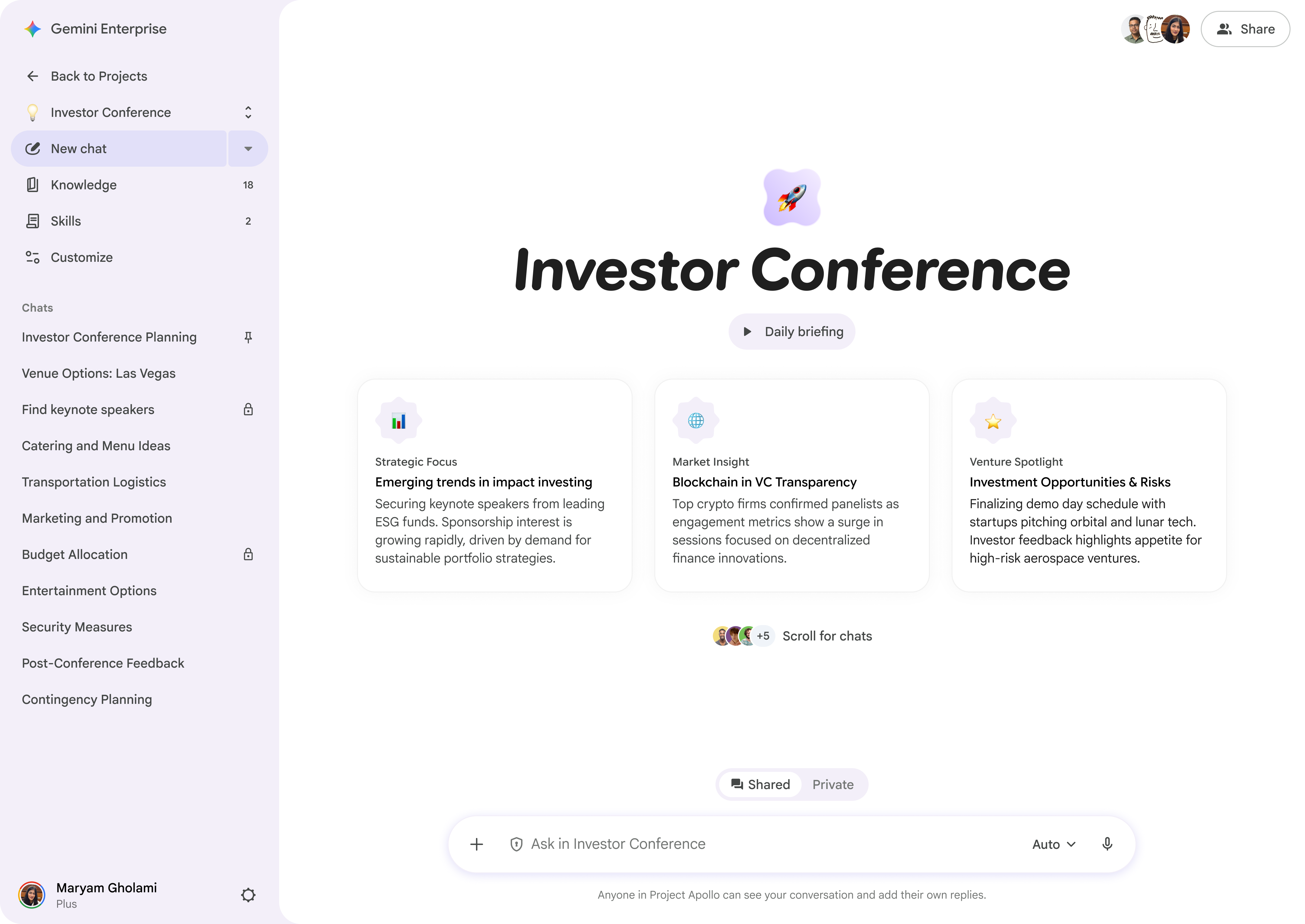 A screenshot shows a shared project called Investor Conference