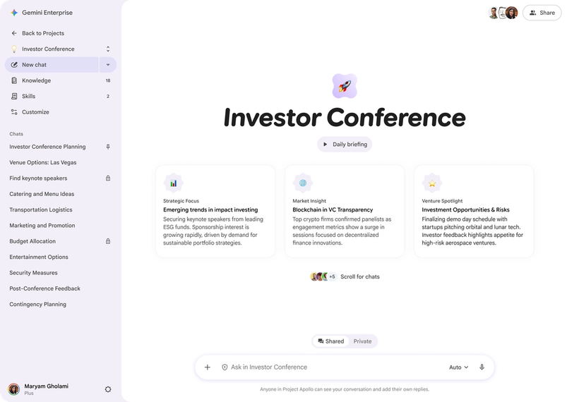 A screenshot shows a shared project called Investor Conference