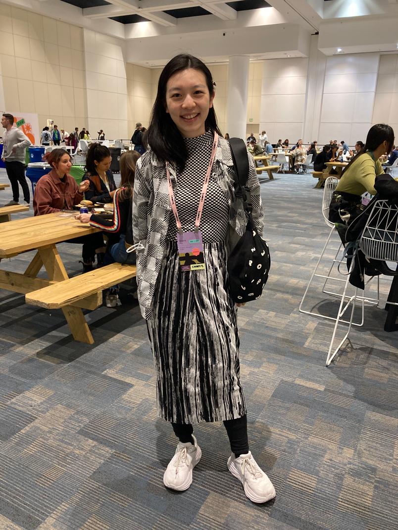 Product designer Shana Hu shows off her black-and-white fit.