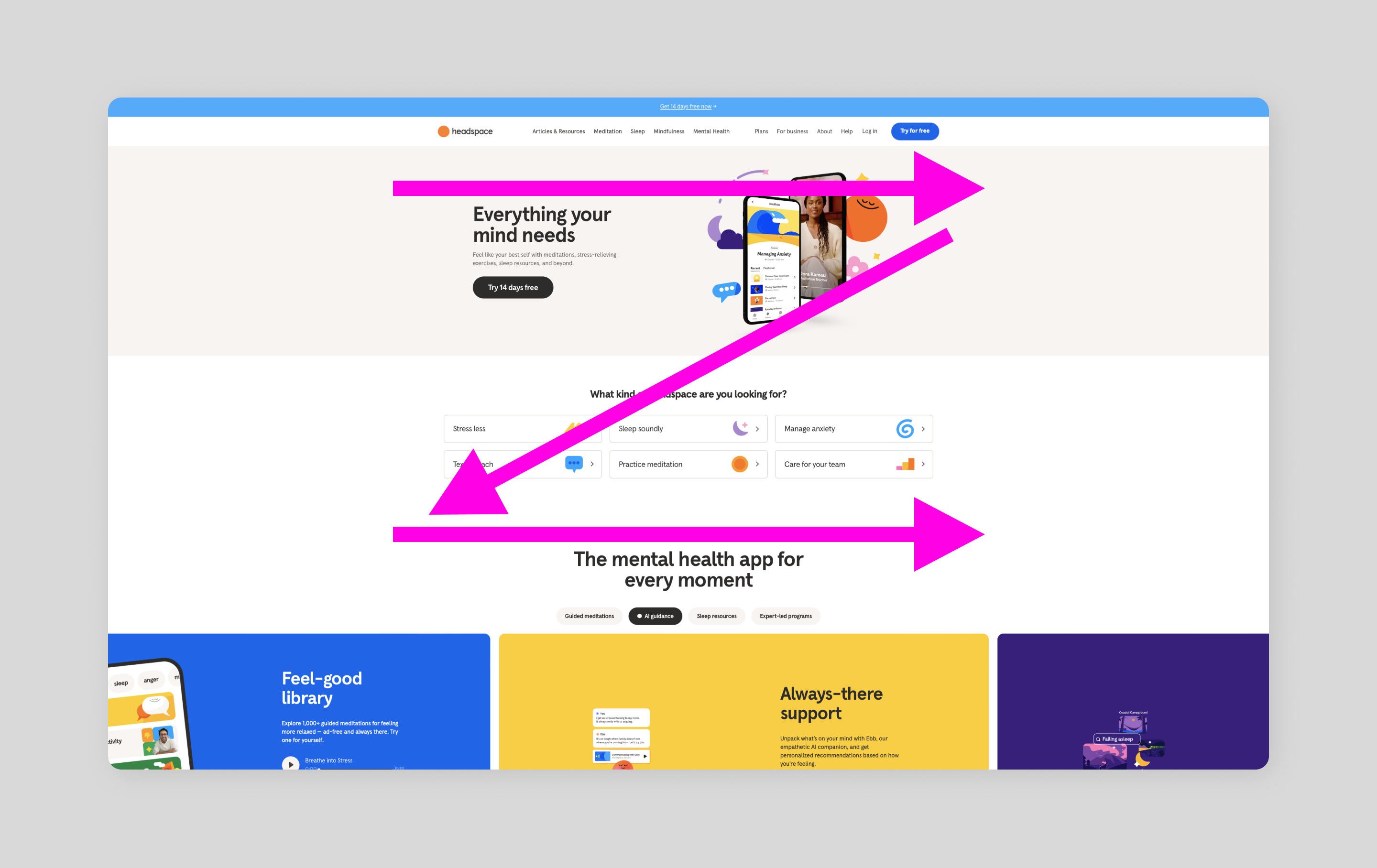 A screenshot of the headspace homepage that uses a zig-zag website layout.
