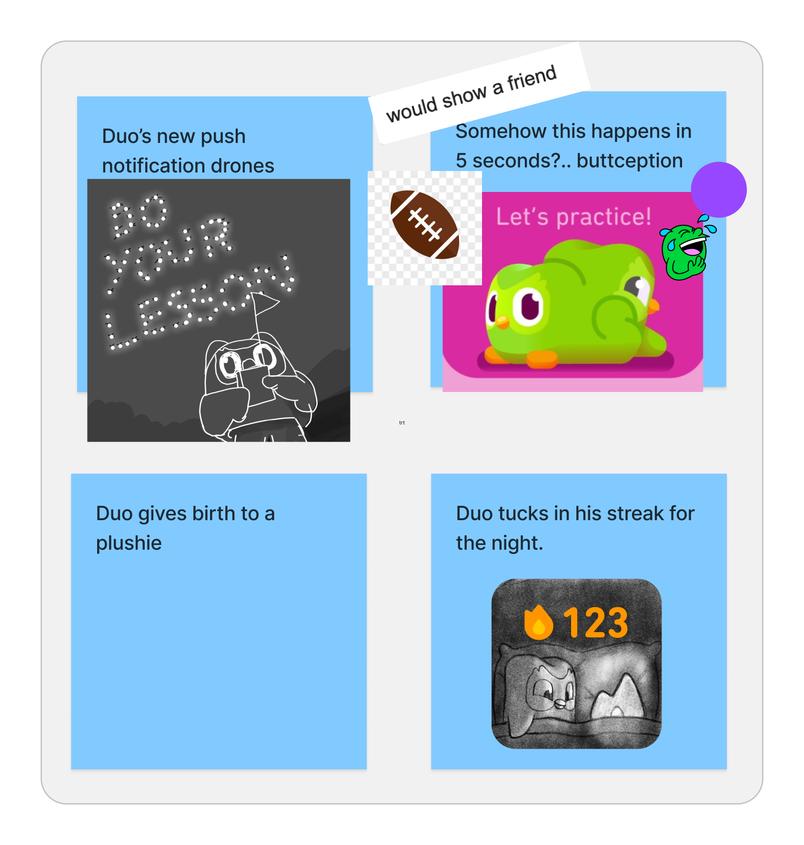 A screenshot of several ideas written on blue sticky notes in a FigJam.