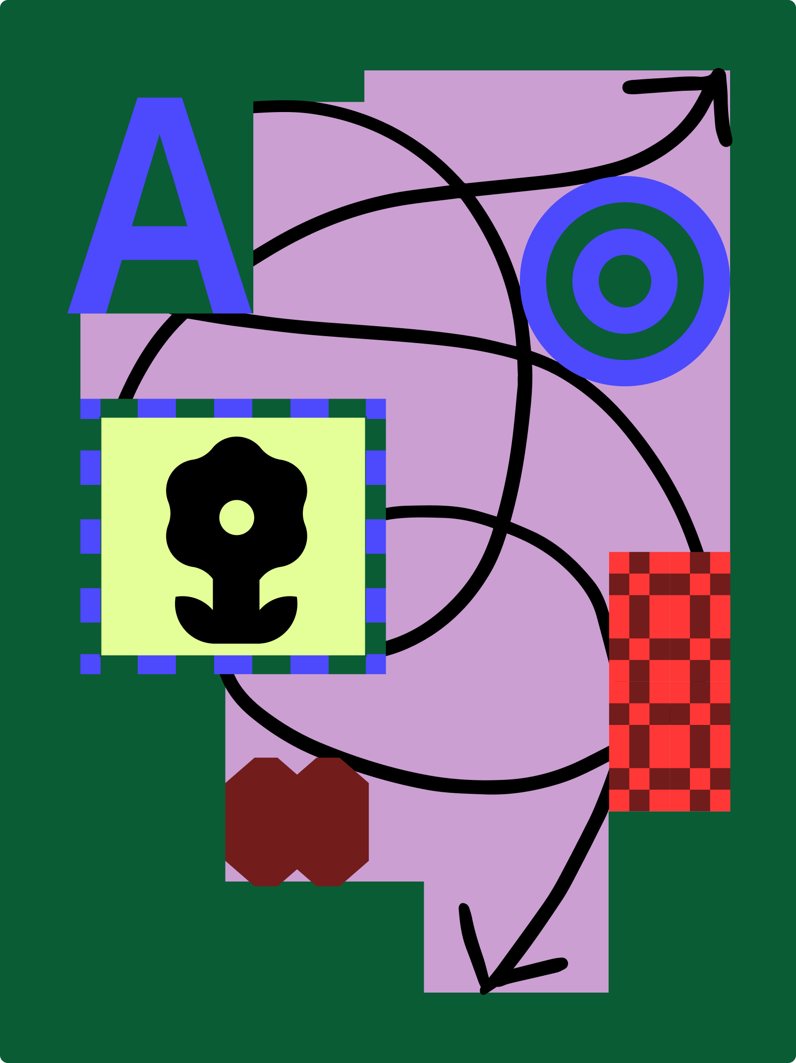 Illustration showing shapes, illustrations, and letters being connected by a squiggly, double-headed arrow over a purple and green background