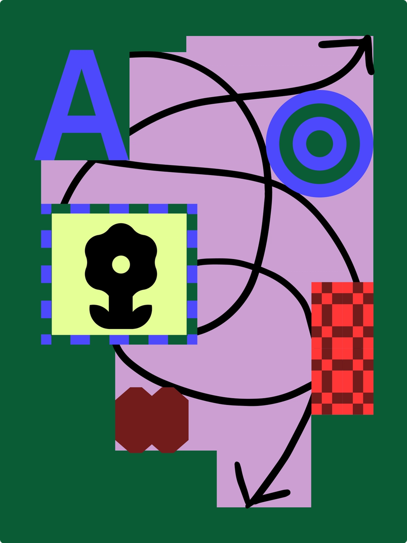 Illustration showing shapes, illustrations, and letters being connected by a squiggly, double-headed arrow over a purple and green background