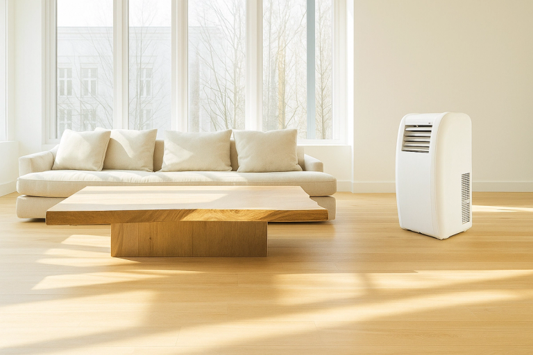 Portable air conditioner unit in a modern living room — HSS DIY cooling hire