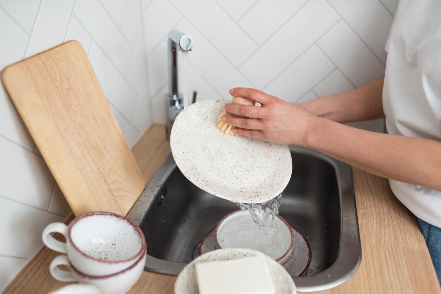 Woman washing dishes in the sink.