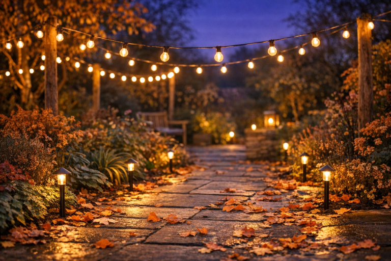 Warm festoon lights and pathway spike lights glowing in a British garden at dusk in autumn, with golden leaves on the path and patio