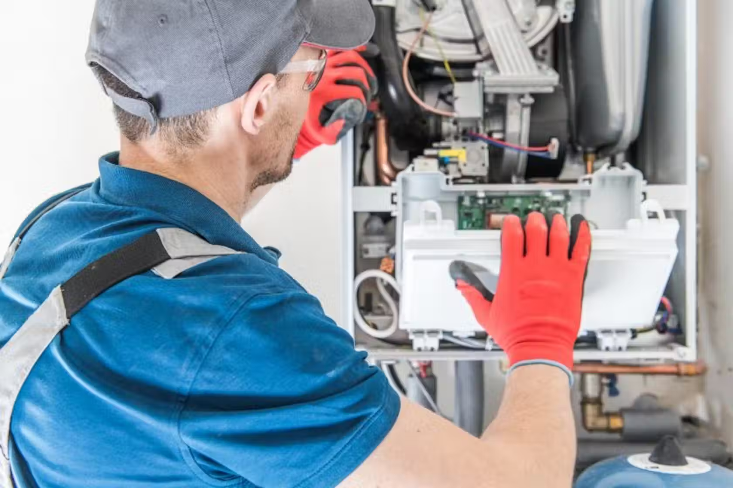 A gas engineer checking the inside of a boiler.
