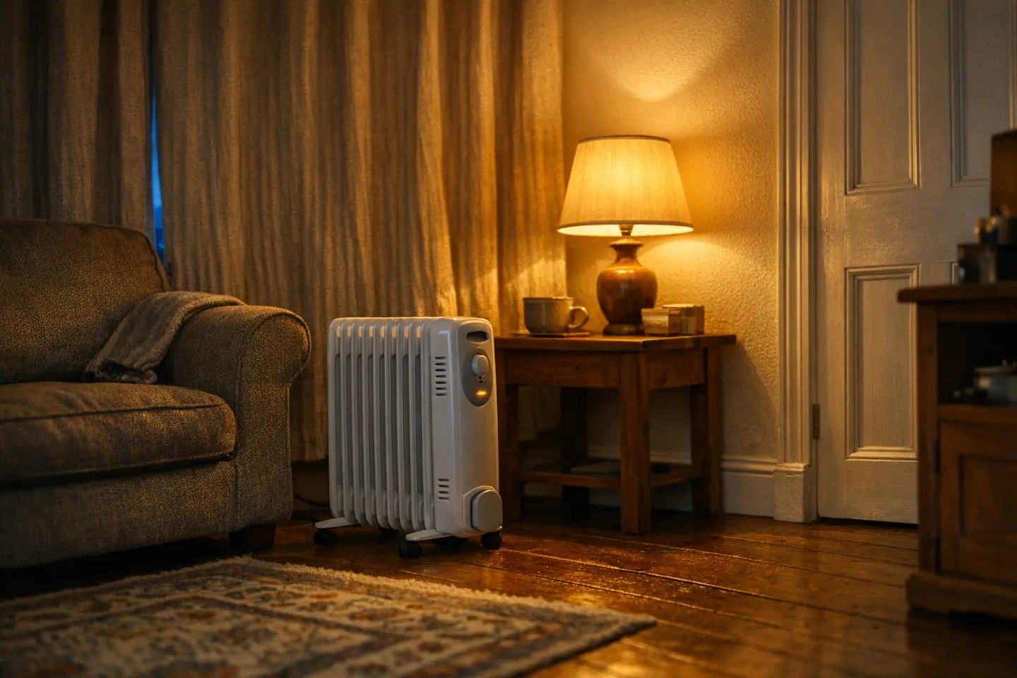 Cosy living room on a cold evening with curtains drawn and a portable oil-filled radiator warming the space