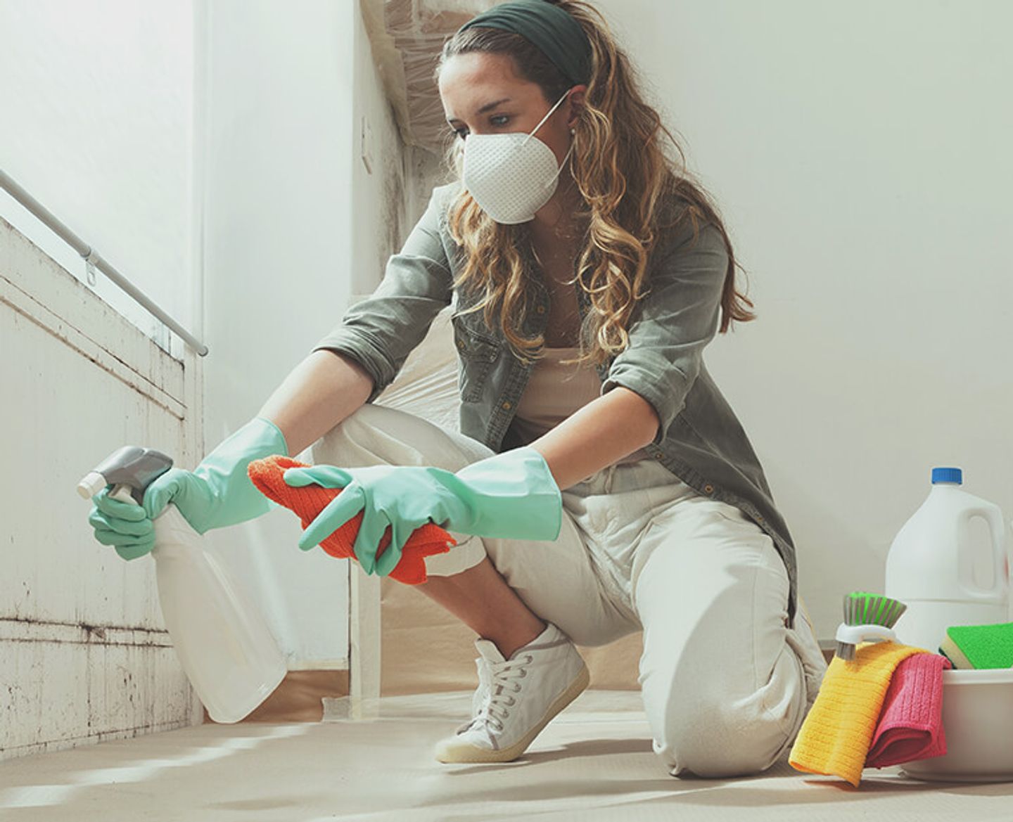 woman cleaning a dirty wall