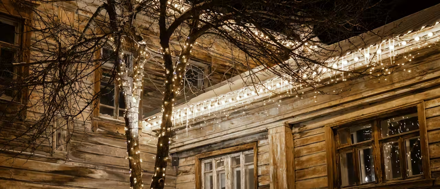 Outdoor Christmas lights hung up on gutters of a home and in the trees.