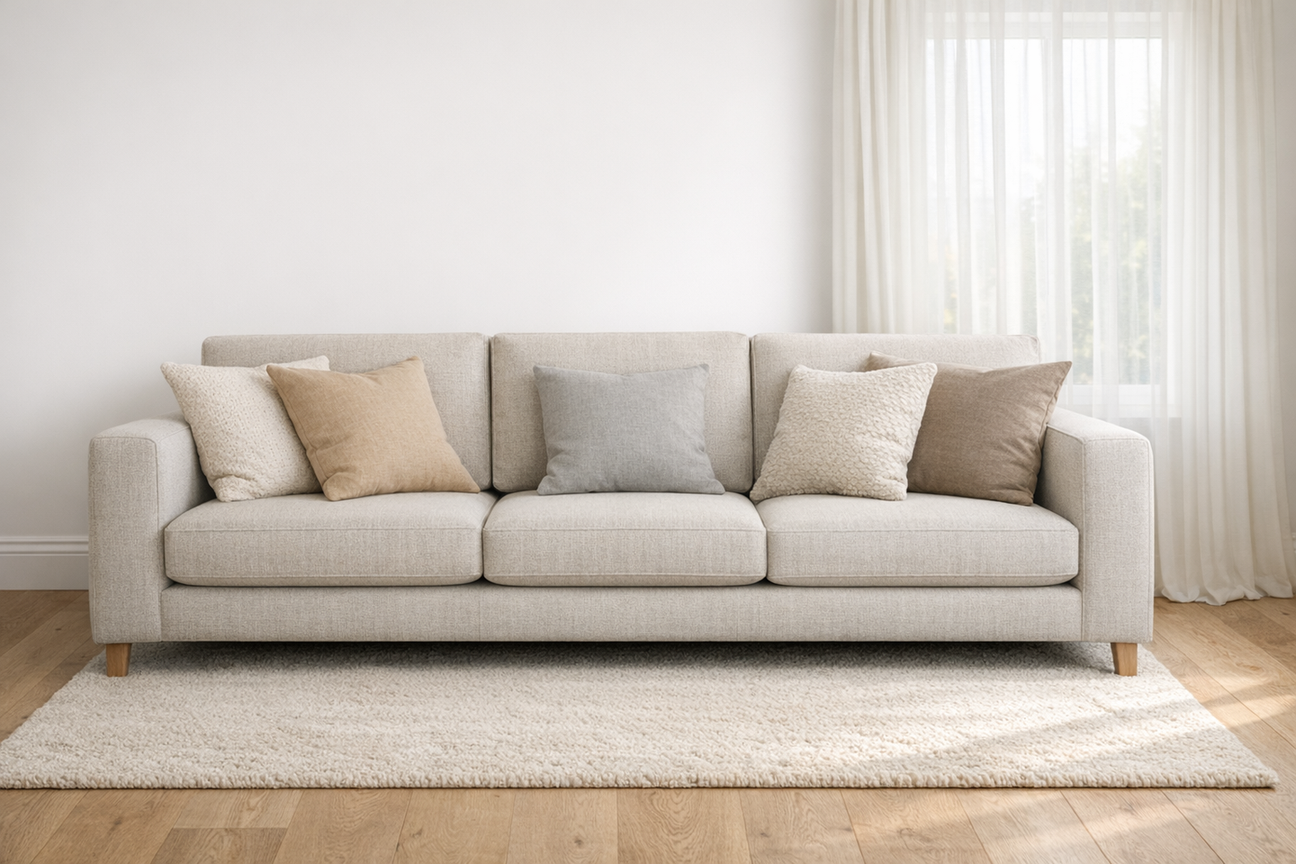 Clean fabric sofa in a bright living room, ready for upholstery cleaning
