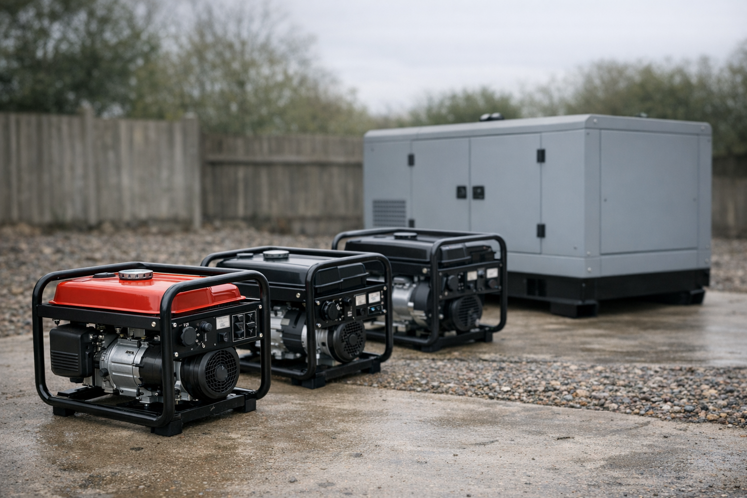 A line-up of portable petrol generators and a larger silenced diesel generator outdoors, ready to hire