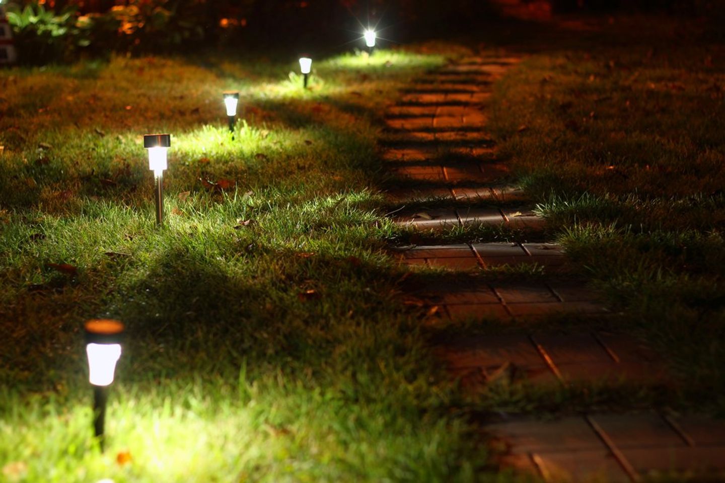 a garden path and spike path lights in the evening