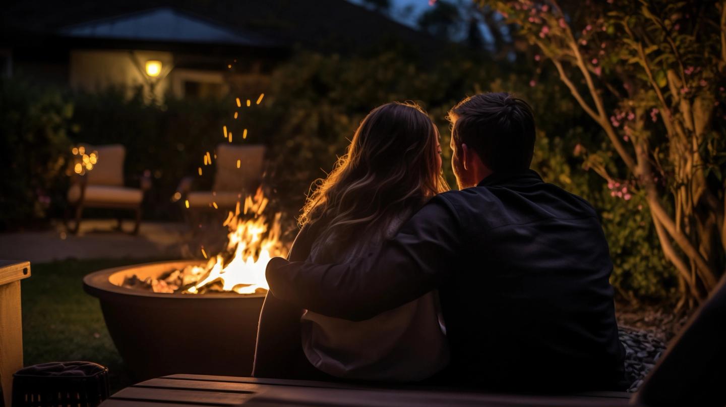 Couple sat in front of fire pit in the garden.